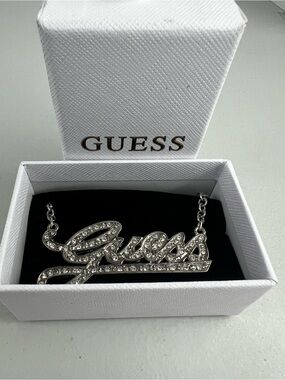 GUESS Silver Rhinestone Script Nameplate Pendant Necklace with OG Box
